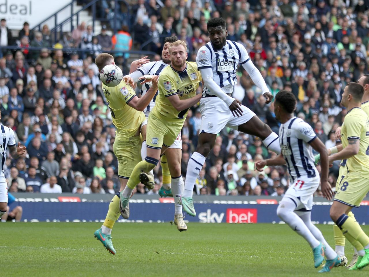 Cedric Kipre jumps to try and win a header against Preston 