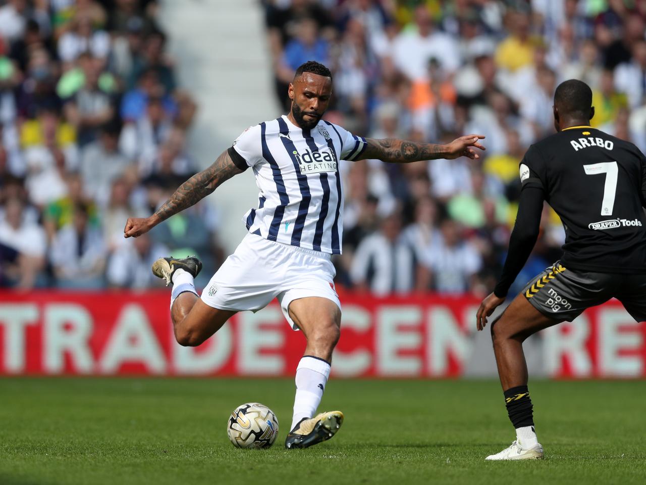 Kyle Bartley striking the ball at The Hawthorns against Southampton 