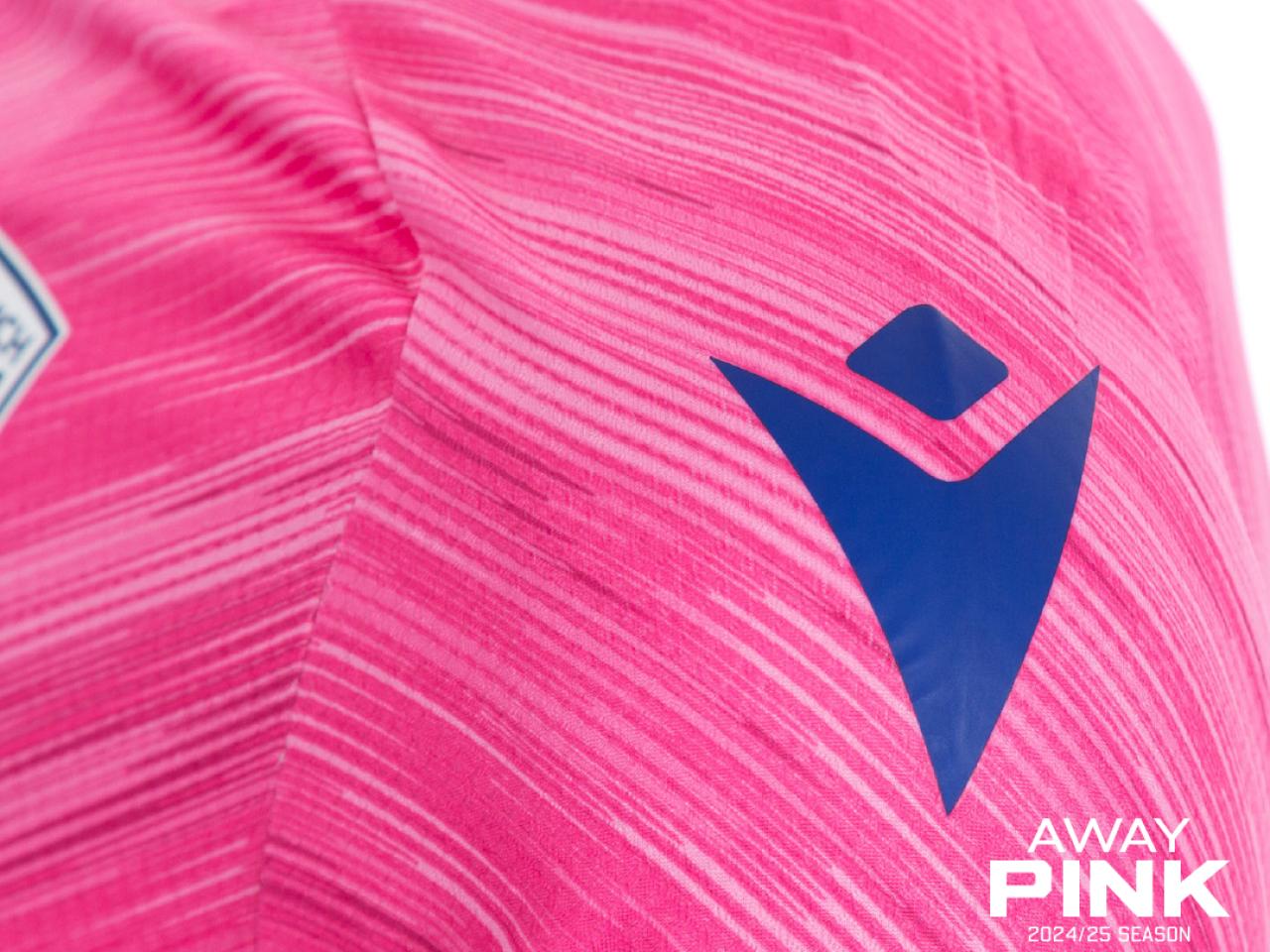 24/25 Away Pink Kit with Close up of Macron Logo