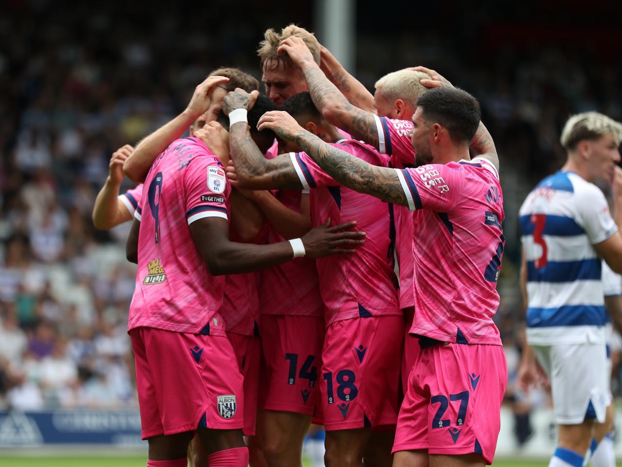 Josh Maja celebrates scoring his first goal at QPR with team-mates