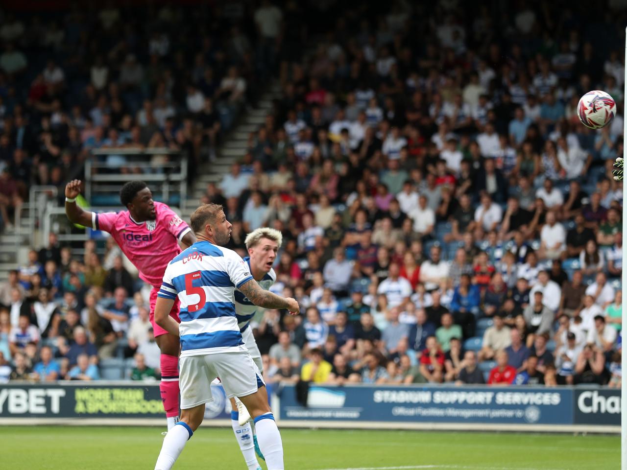 Josh Maja scores a header at QPR 