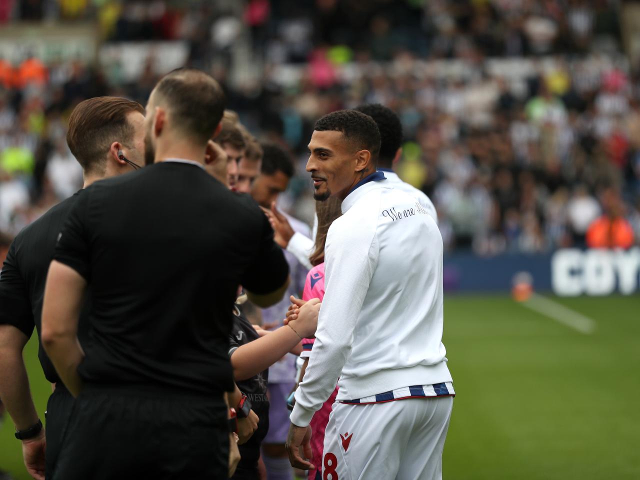 Karlan Grant lining up for Albion before kick-off against Swansea City at The Hawthorns 