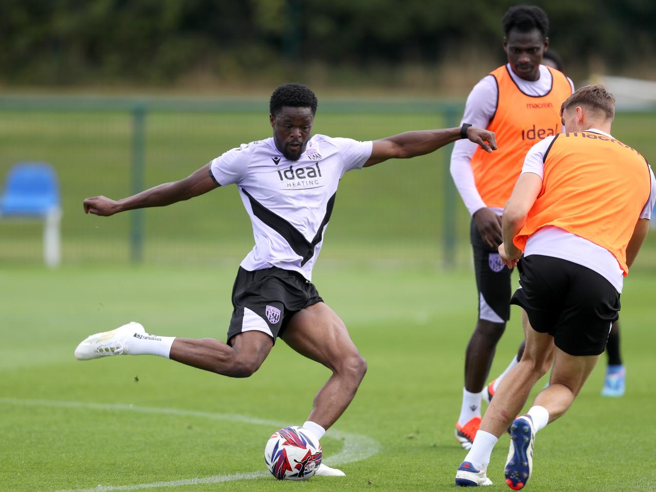 Josh Maja striking the ball during training 