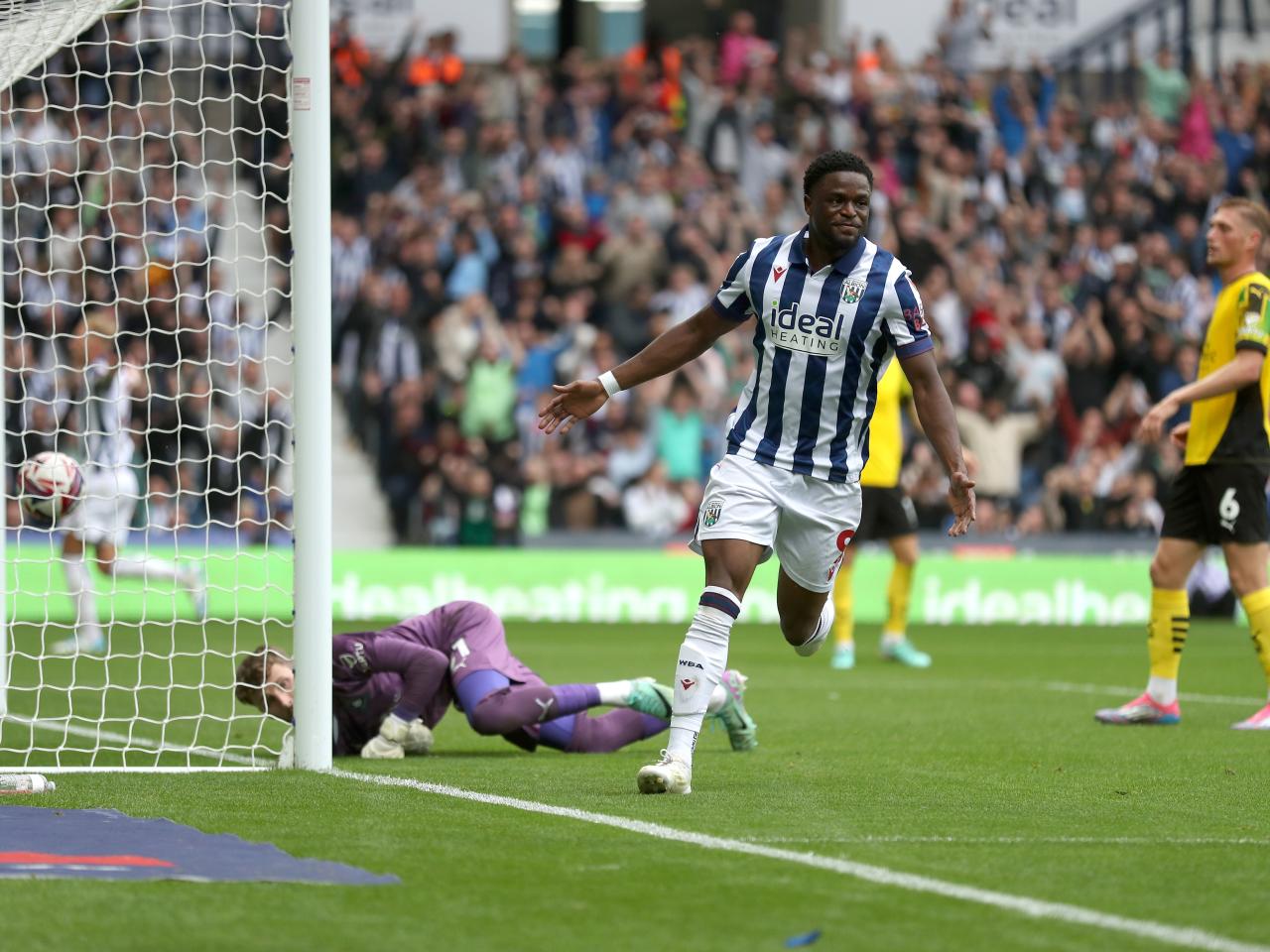 Josh Maja celebrates scoring against Plymouth at The Hawthorns