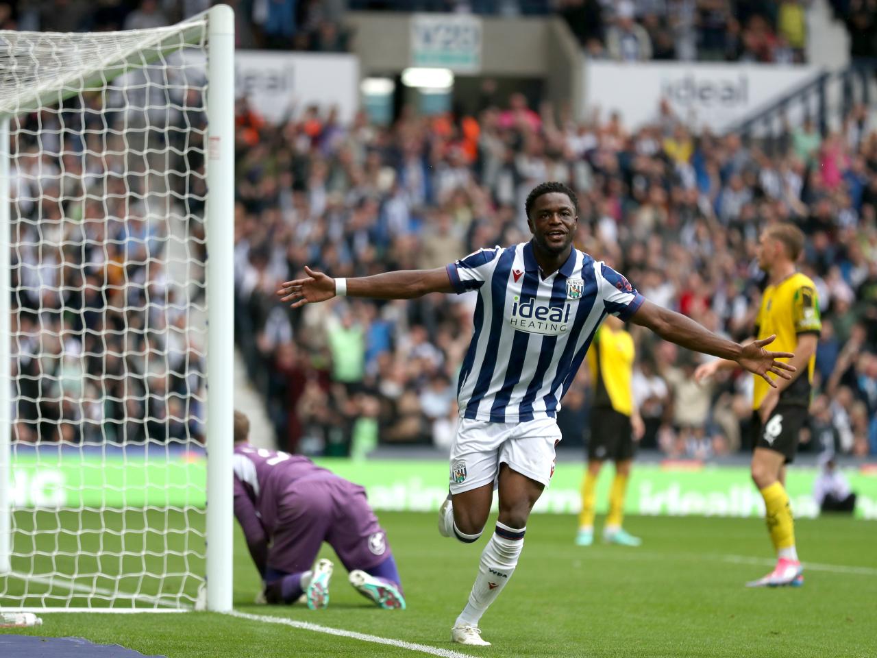 Josh Maja celebrates scoring against Plymouth at The Hawthorns