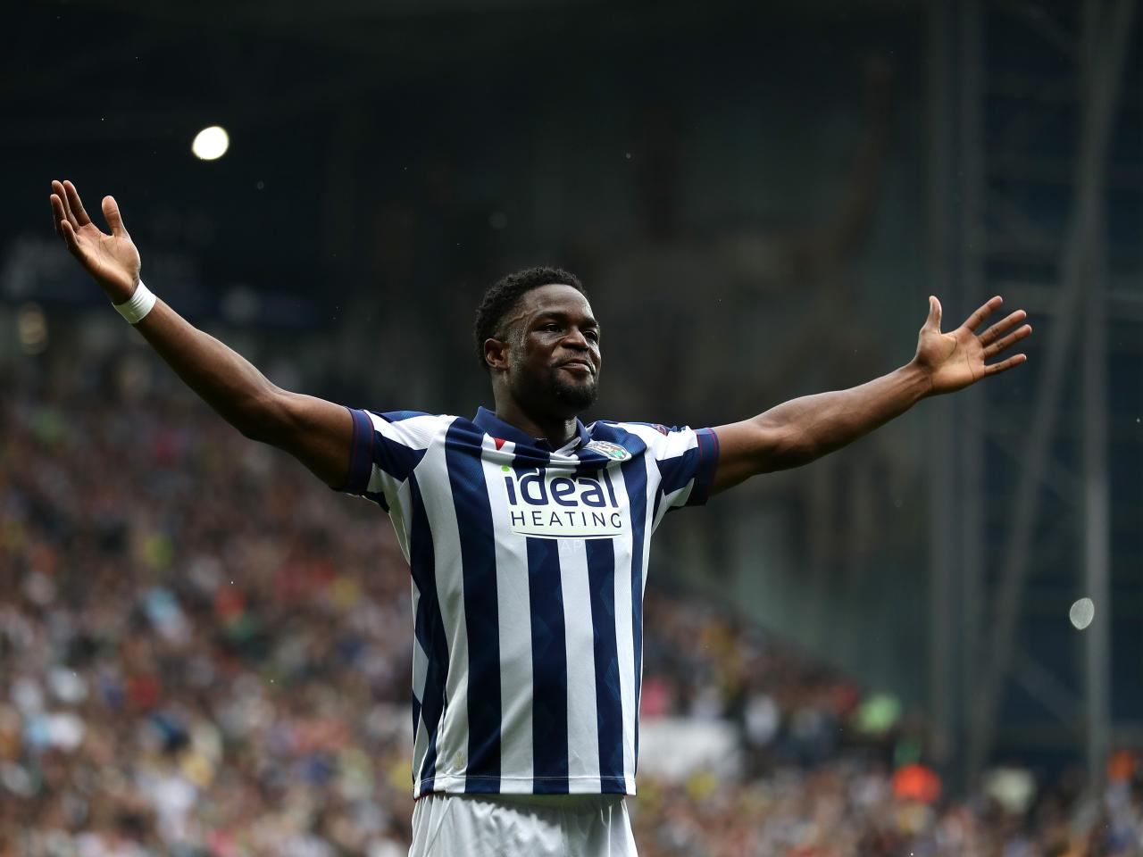 Josh Maja celebrates scoring against Plymouth at The Hawthorns