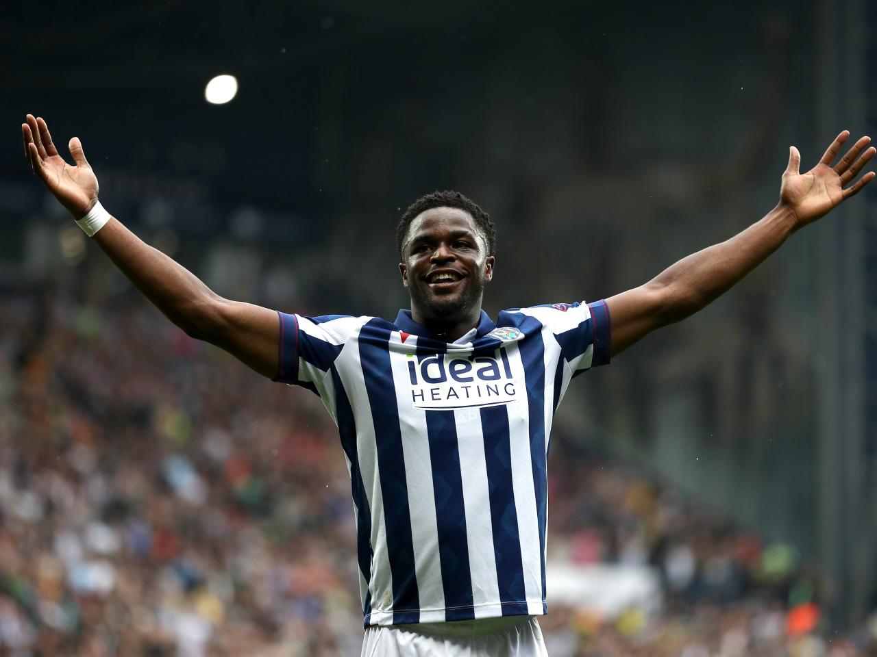Josh Maja celebrates scoring against Plymouth at The Hawthorns
