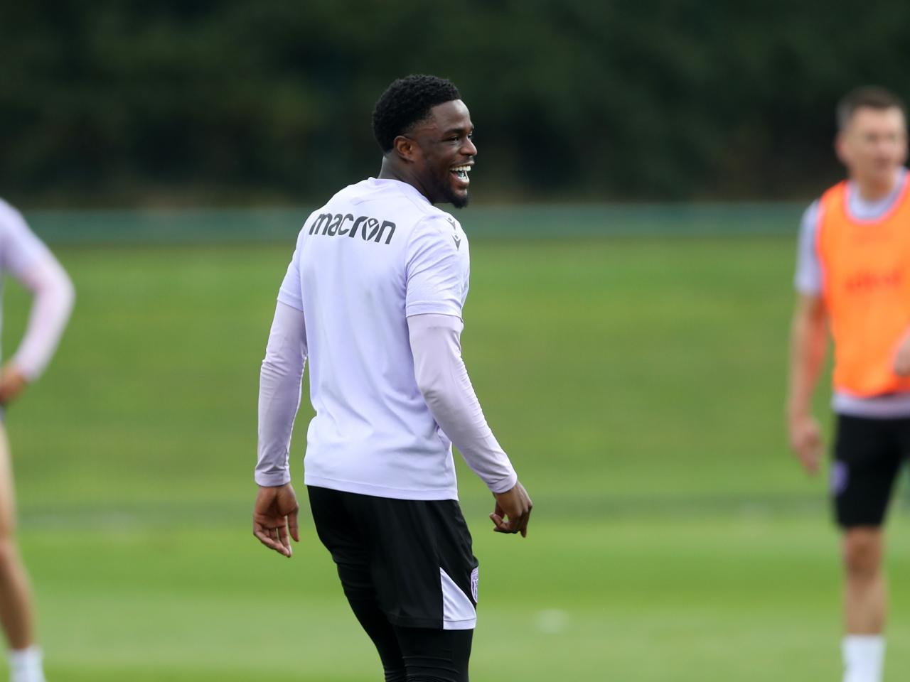 Josh Maja smiling during training 