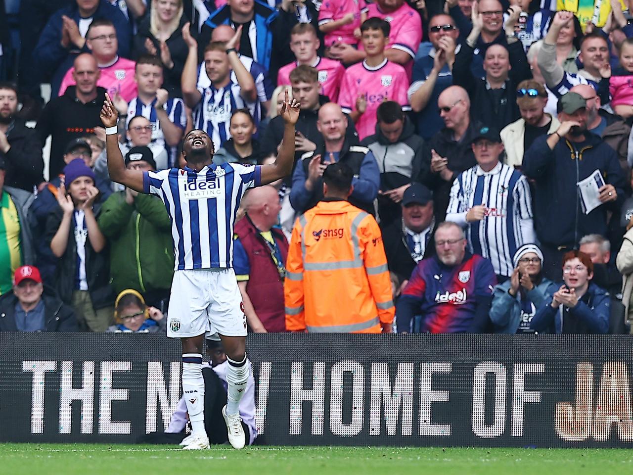 Josh Maja celebrates scoring against Plymouth at The Hawthorns