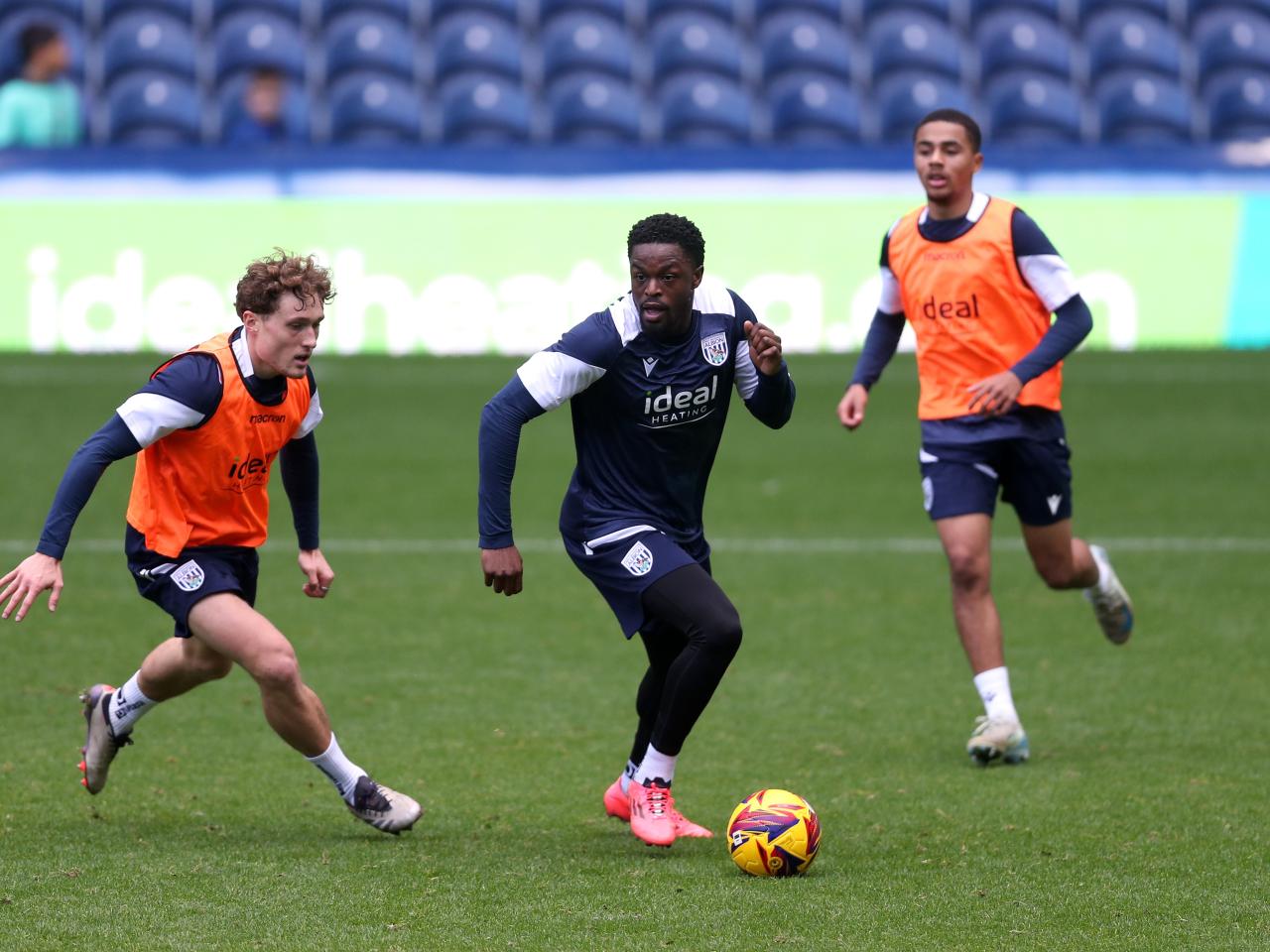 Josh Maja on the ball during a training session at The Hawthorns