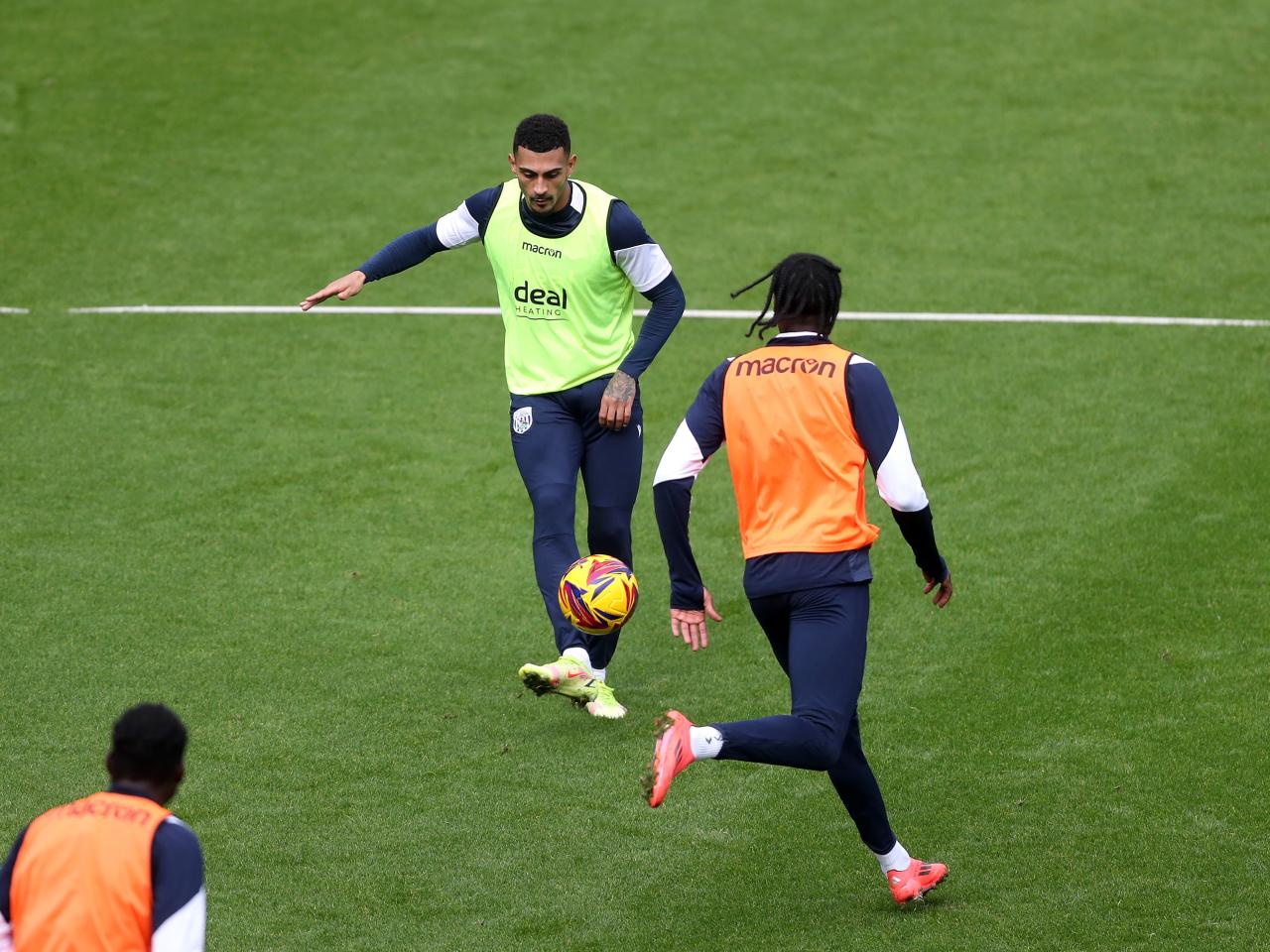 Karlan Grant on the ball during a training session at The Hawthorns