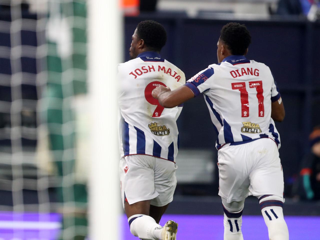 Josh Maja celebrates scoring at Luton with Grady Diangana