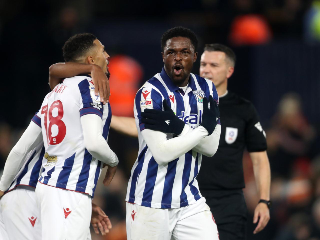 Josh Maja celebrates scoring against Luton 