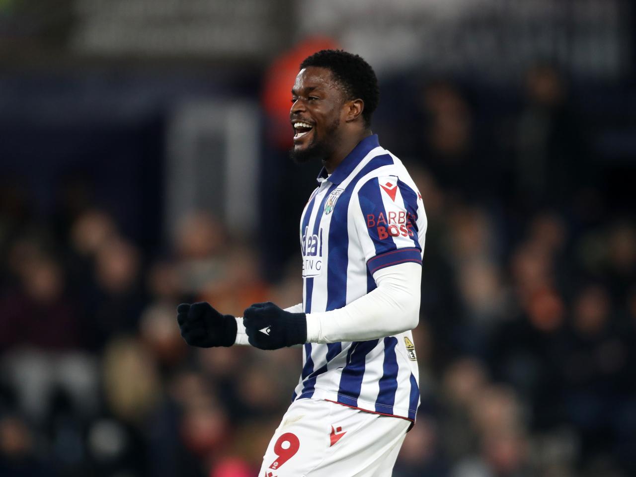 Josh Maja celebrates scoring against Luton 