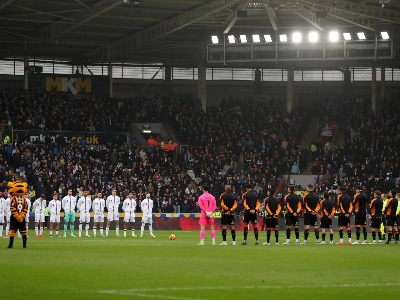 Albion and Hull players stand together during a Remembrance Sunday minute's silence 
