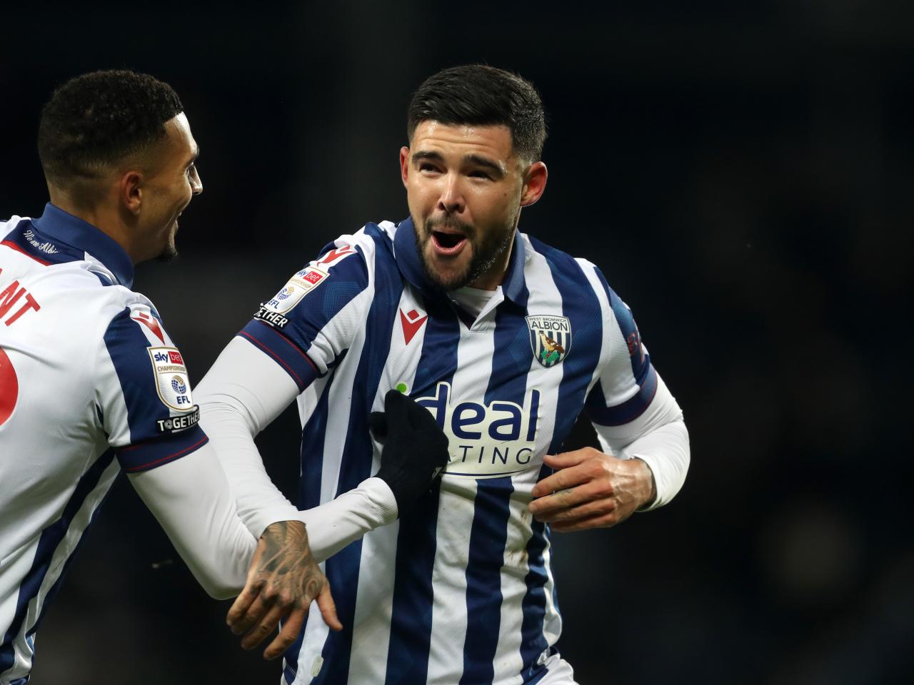 Alex Mowatt celebrates scoring against Coventry City with Karlan Grant 