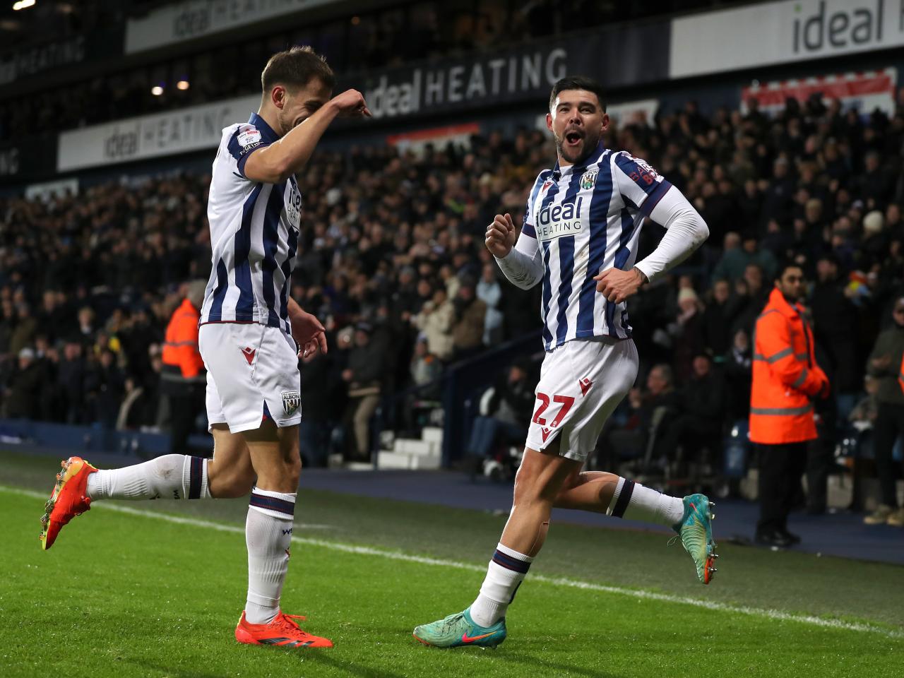 Alex Mowatt celebrates scoring against Coventry City with Jayson Molumby 