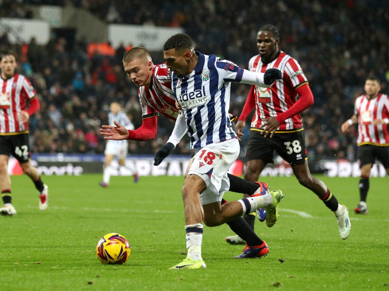 Karlan Grant on the ball against Sheffield United 