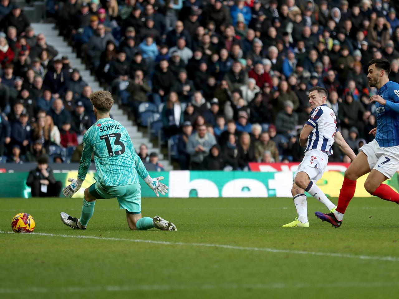 Jed Wallace shoots and scores against Portsmouth at The Hawthorns