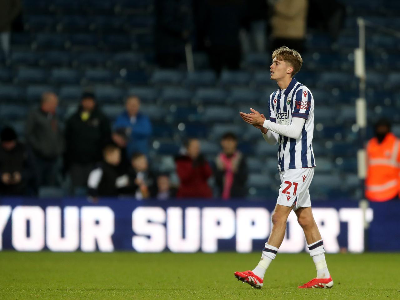 Isaac Price applauding Albion fans after beating Portsmouth