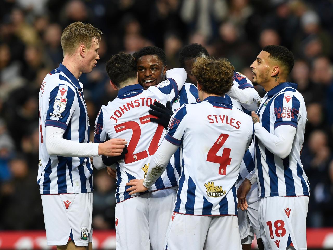 Josh Maja celebrates scoring against Preston with team-mates