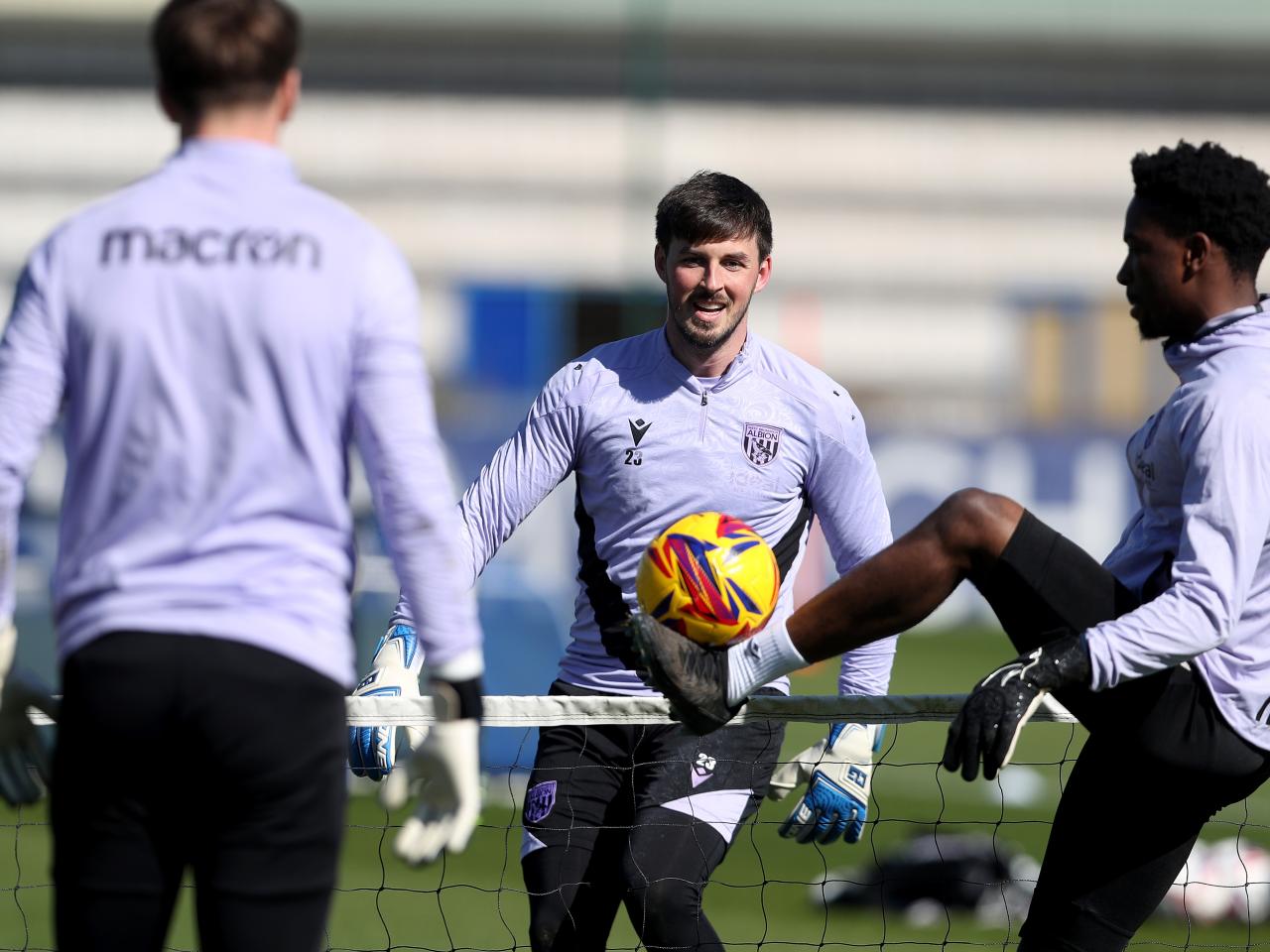 A general view of Albion goalkeepers in training with Joe Wildsmith smiling 