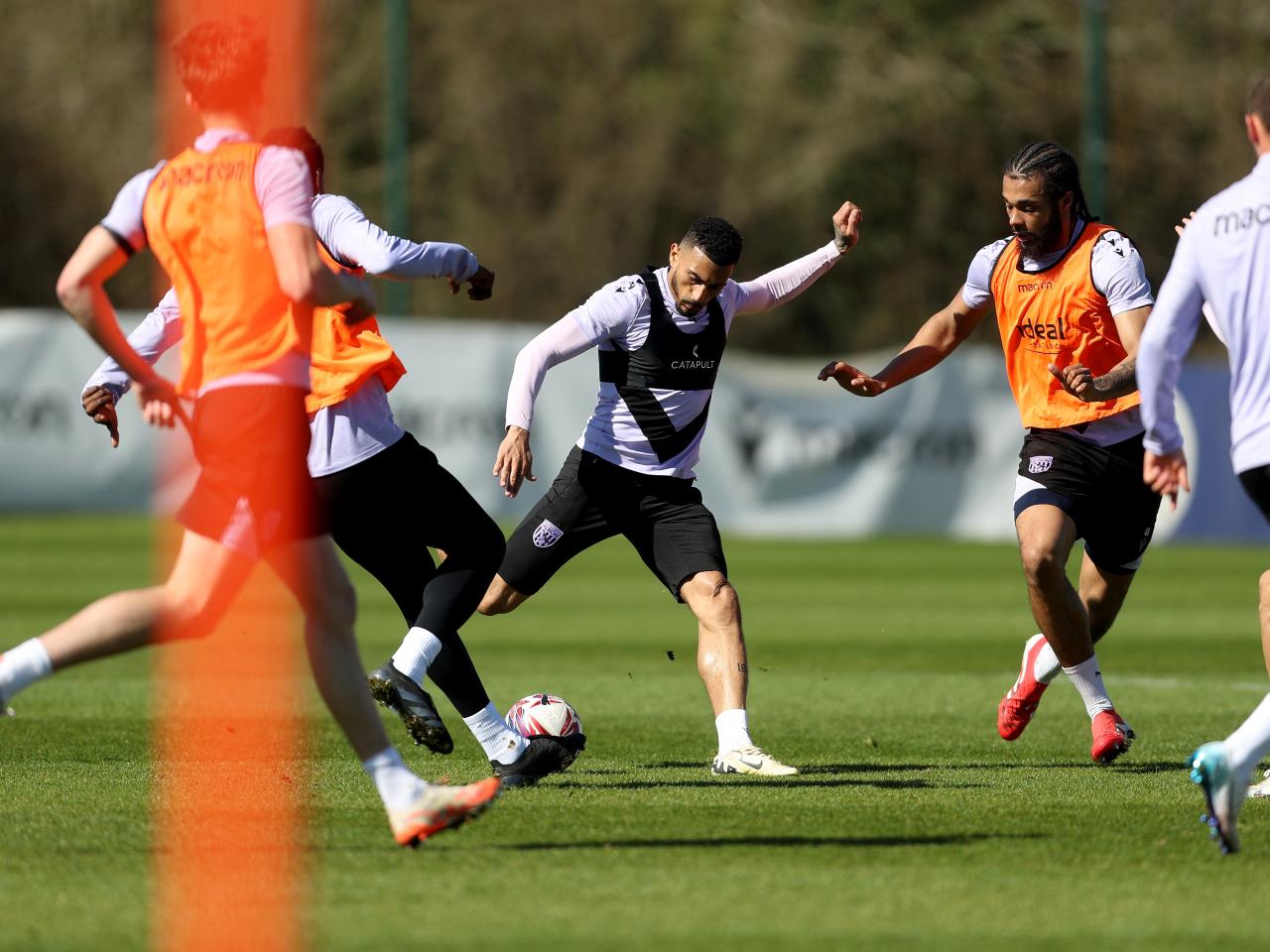 Karlan Grant on the ball during training 