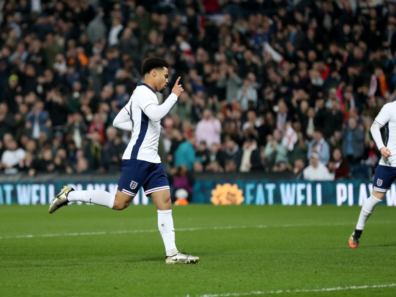 Ethan Nwaneri celebrates scoring for England U21s against Portugal at The Hawthorns