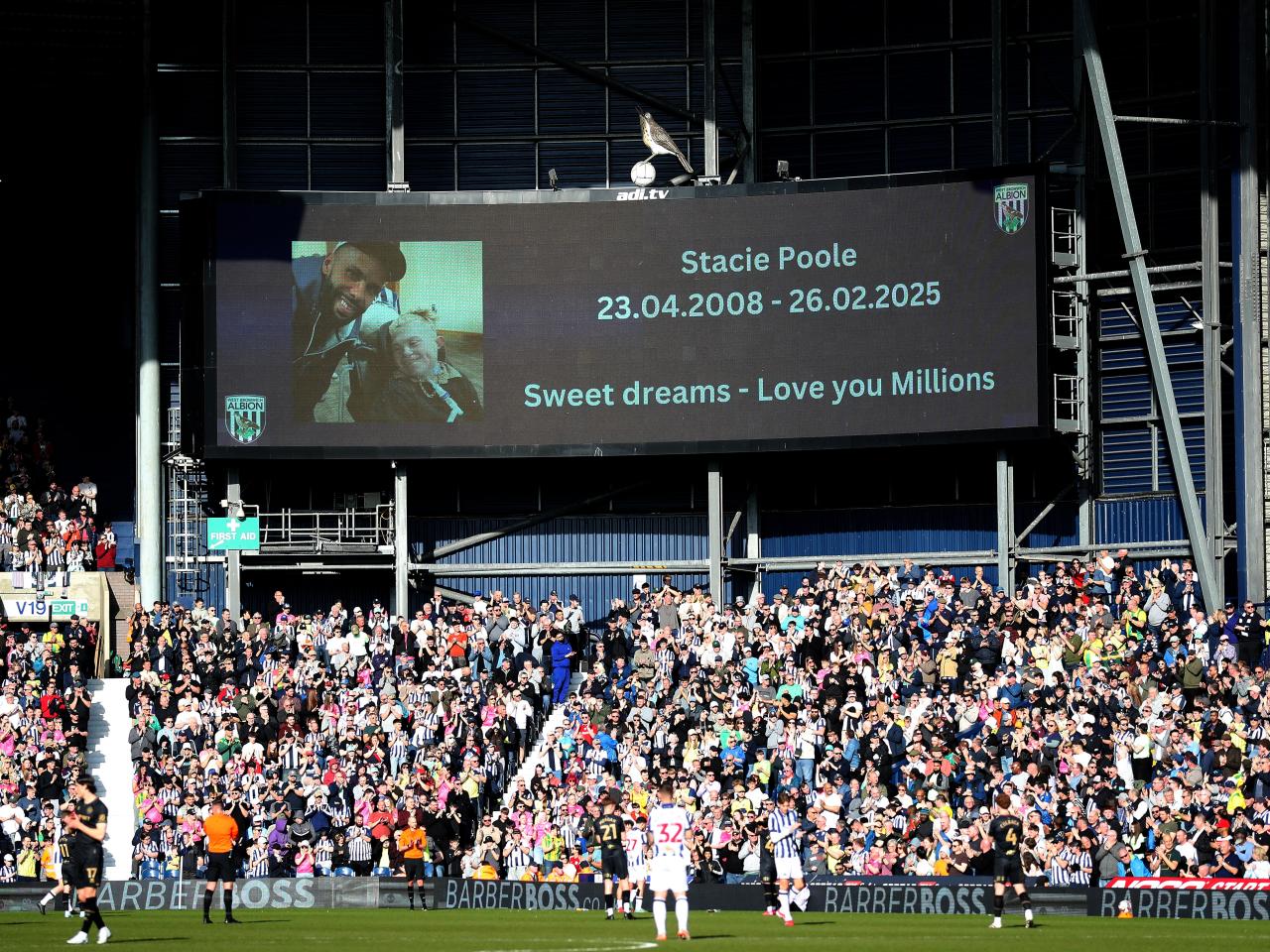 Tributes on the big screen at The Hawthorns to Stacie Poole