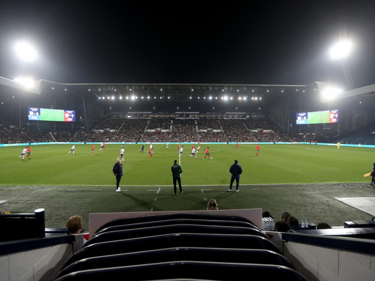 A wide view of The Hawthorns with the game being played between England U21s and Portugal