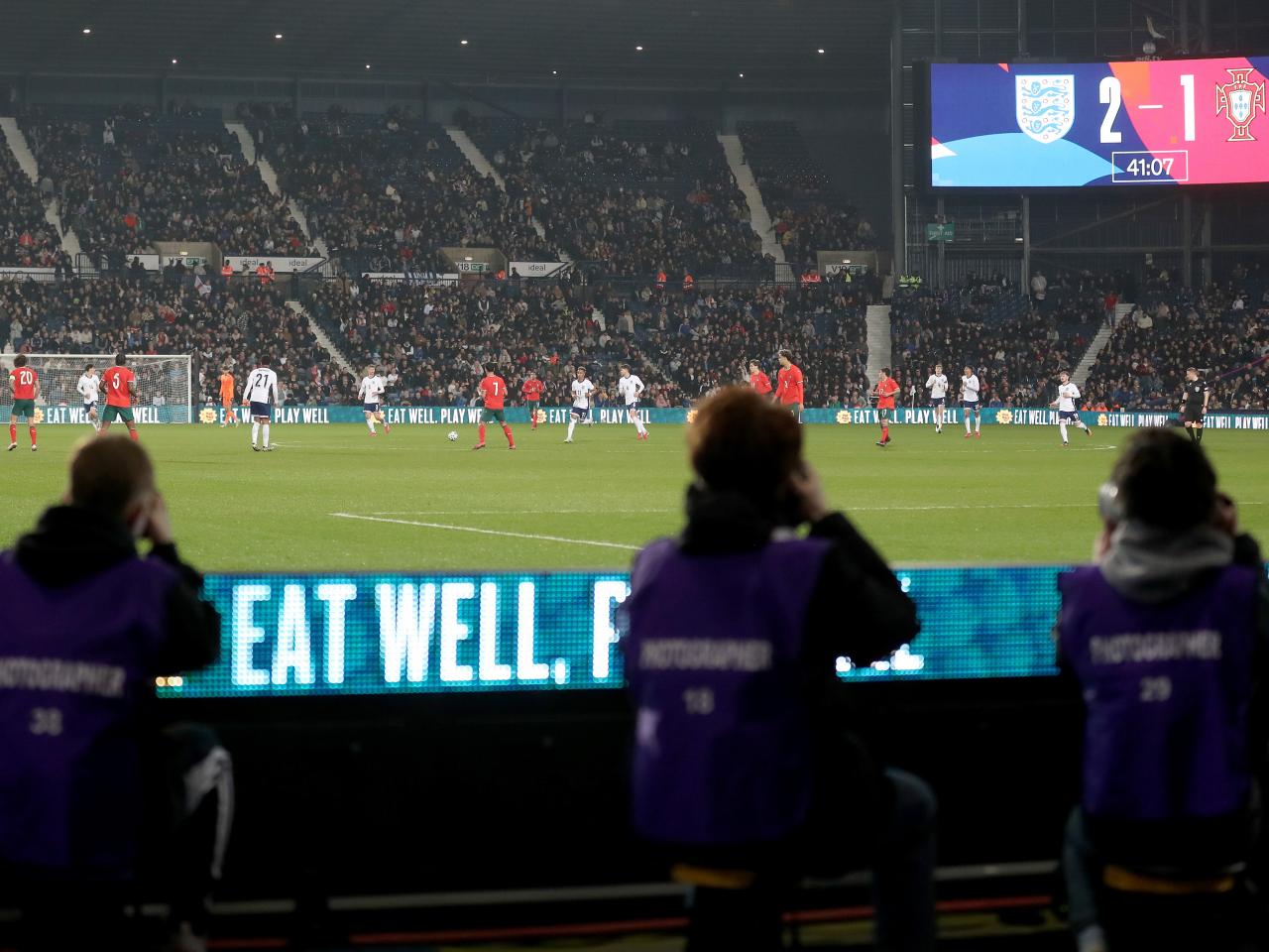 A wide view of The Hawthorns with the game being played between England U21s and Portugal