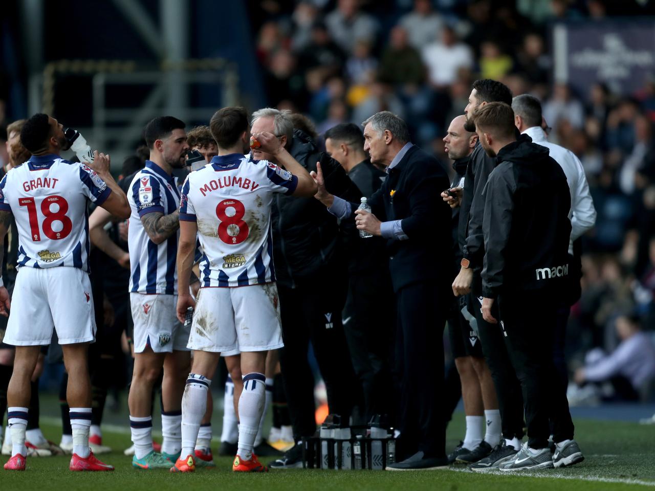 Tony Mowbray speaks to players on the side of the pitch during a stoppage against QPR 