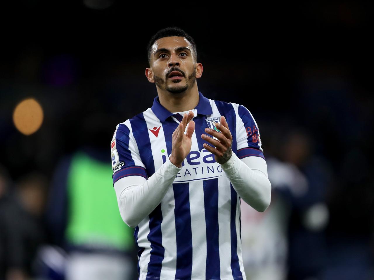 Karlan Grant applauding Albion fans after the game at Burnley