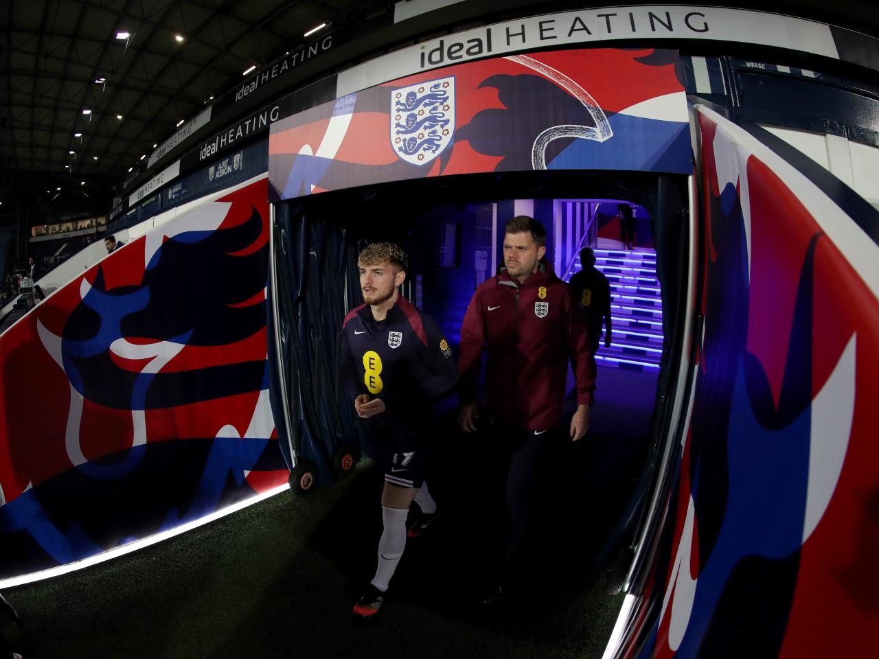 England players walking out of the tunnel at The Hawthorns for their warm up before playing Portugal