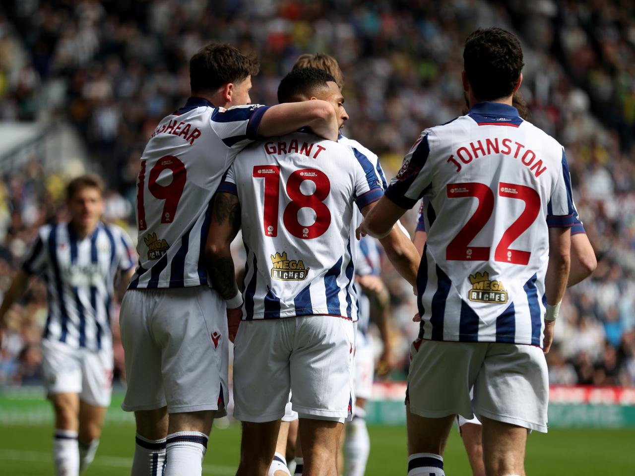 karlan Grant celebrates scoring against Watford with team-mates