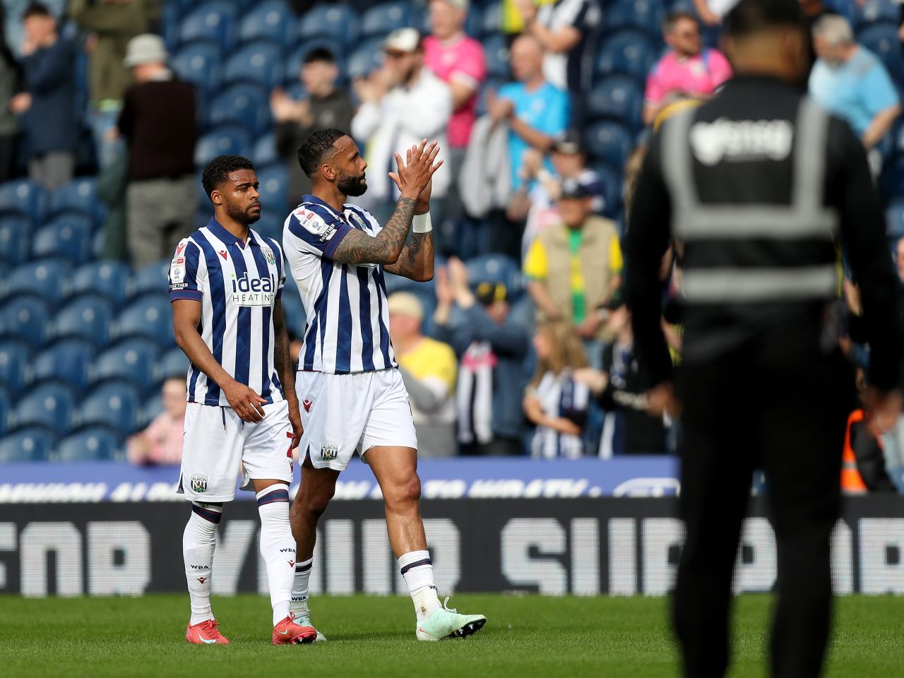 Darnell Furlong and Kyle Bartley applauding WBA fans at the end of the Watford game