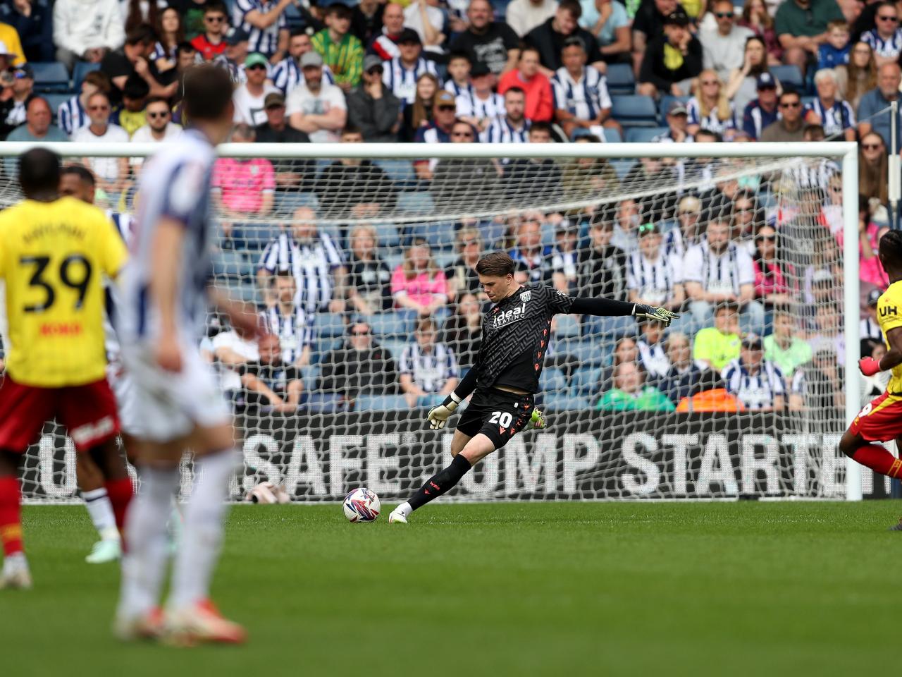 Josh Griffiths kicking the ball long against Watford