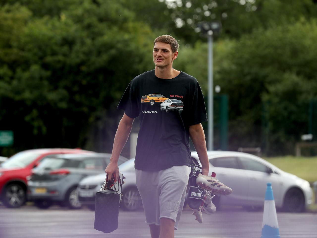Caleb Taylor arriving at the training ground for the first day of pre-season