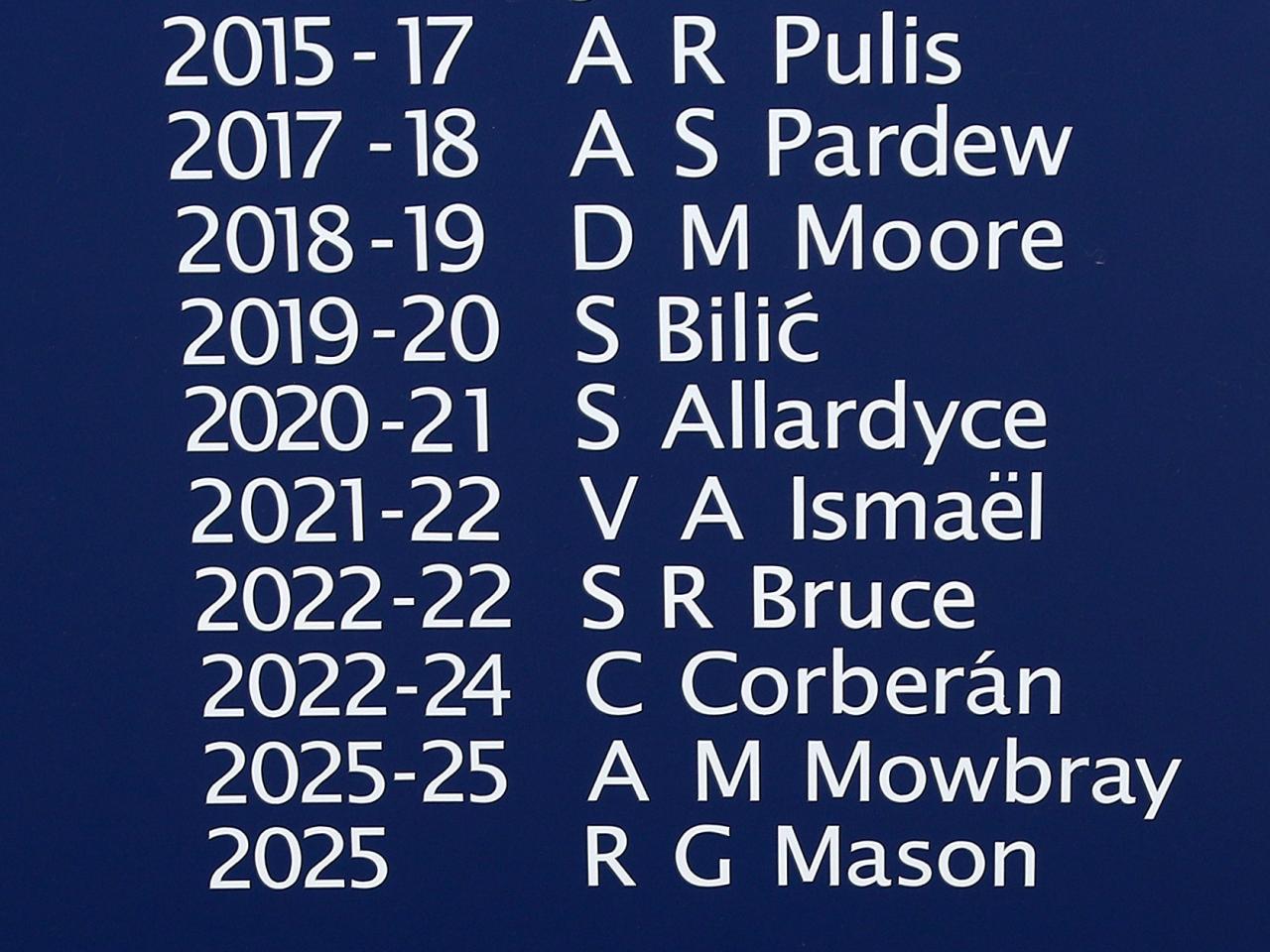 The board listing previous Albion managers with Ryan Mason's name added 