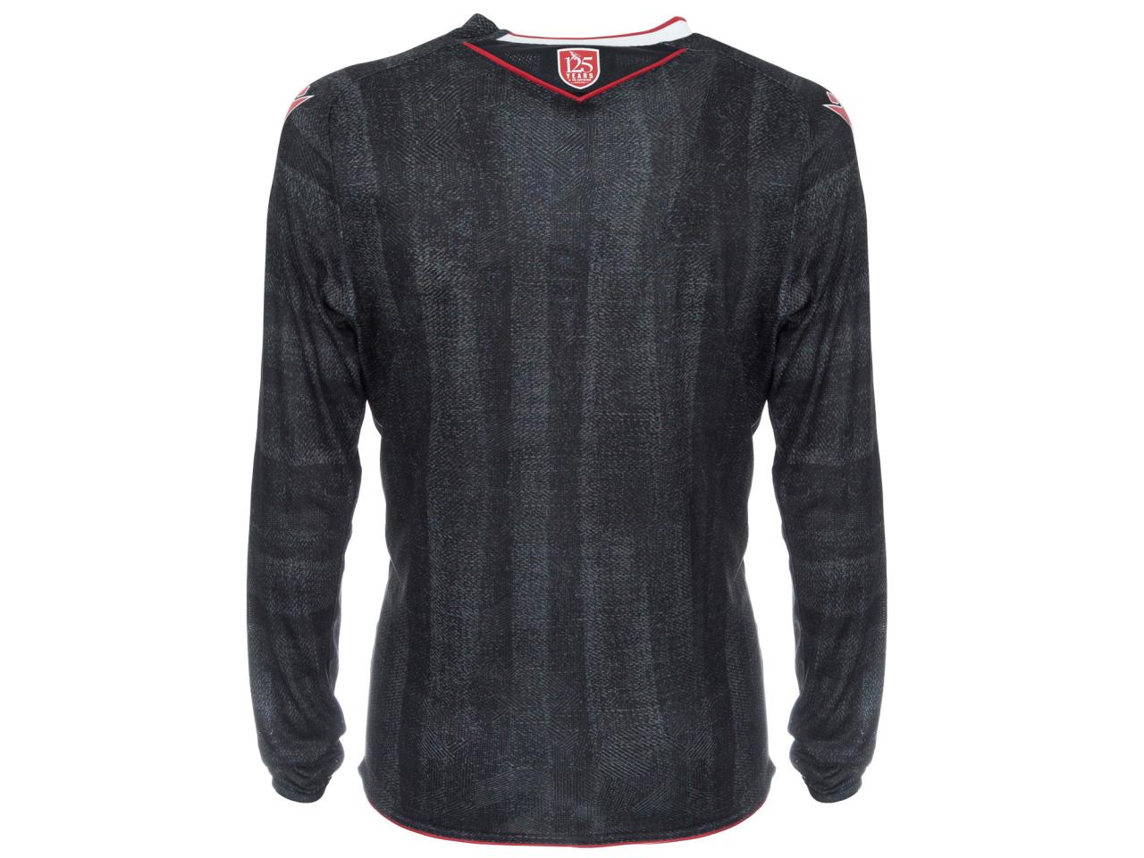 An image of the back of the long sleeve version of Albion's black and red third kit