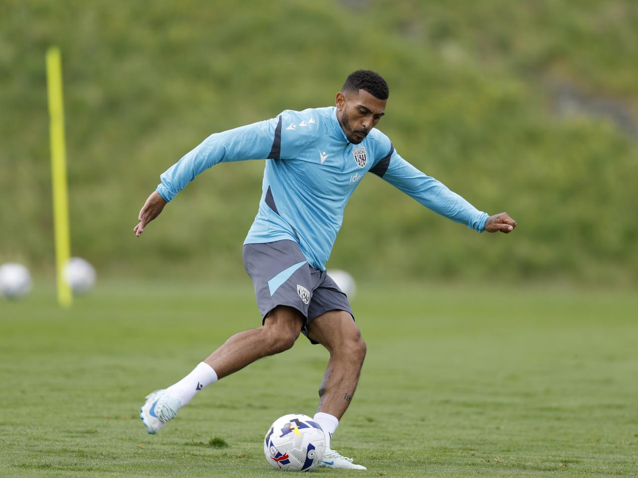 Karlan Grant on the ball during training 