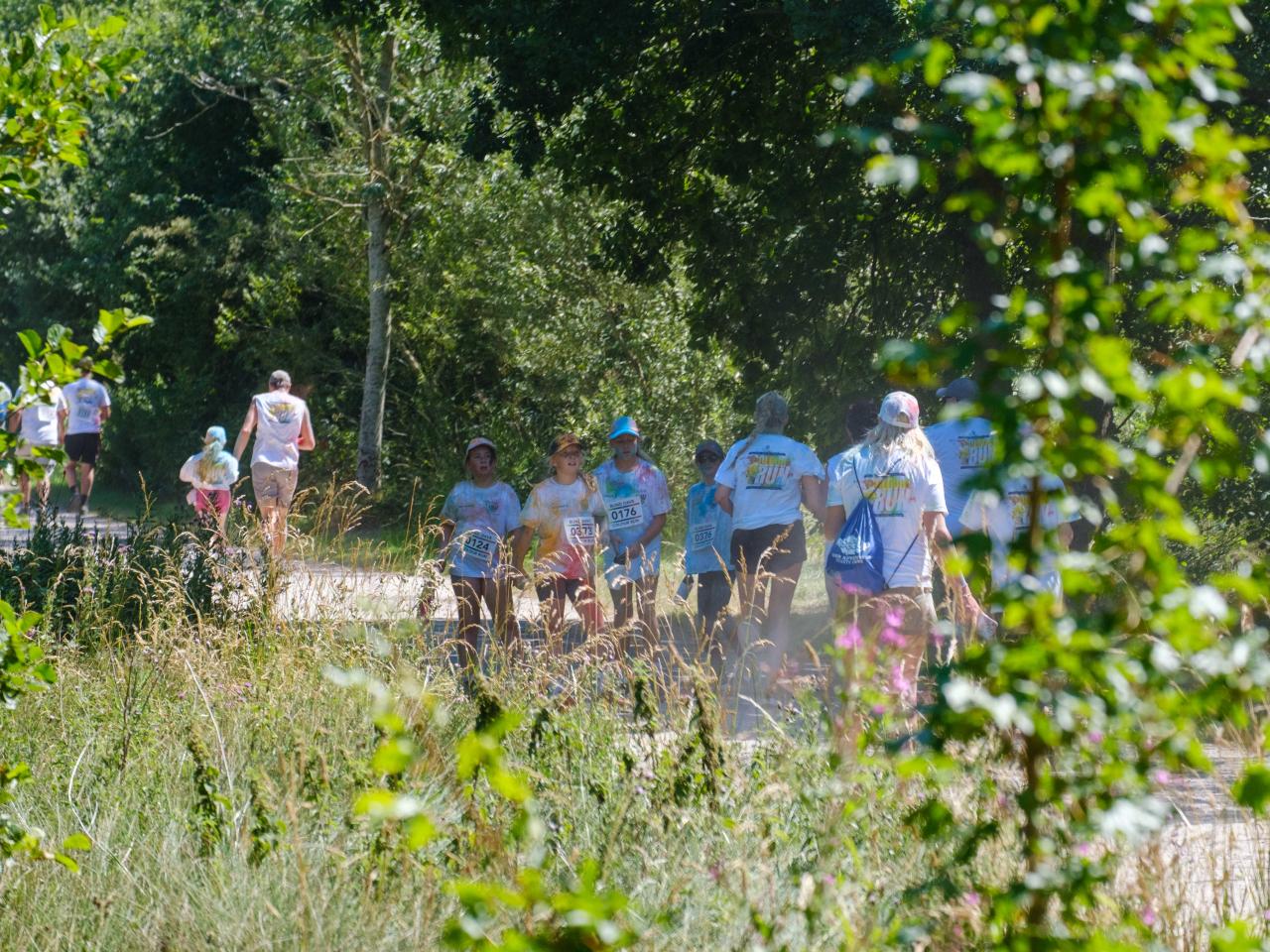 Runners in the distance, trees and greenery in the foreground.