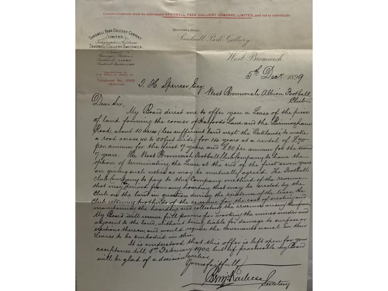 Sandwell Park Colliery Letter 5th December 1899