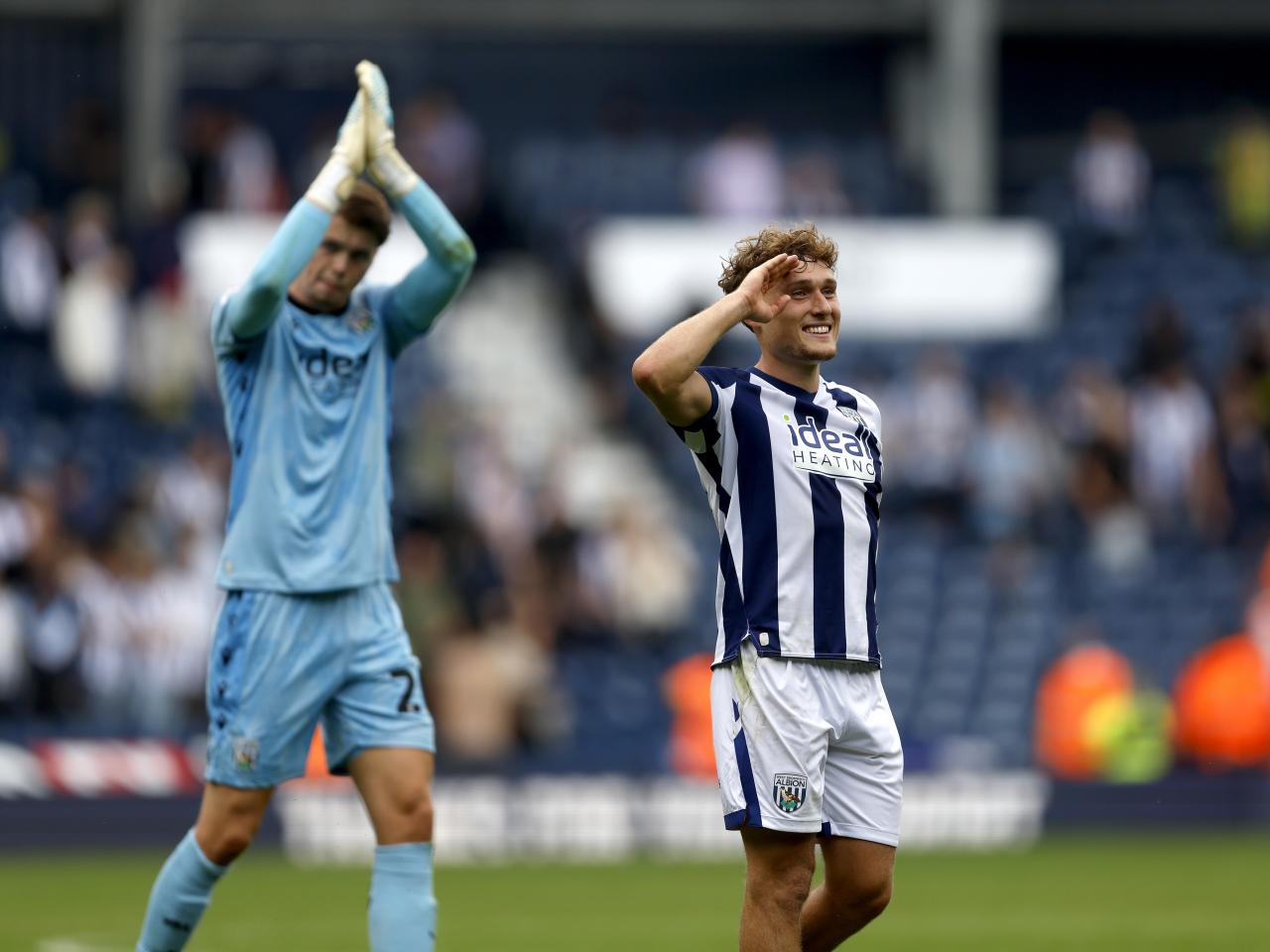 Callum Styles applauding WBA fans after the win over Blackburn