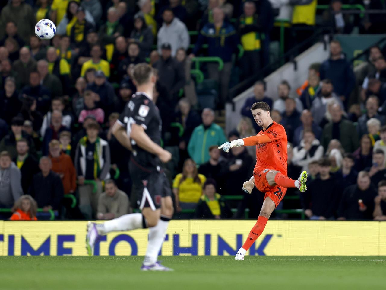 Josh Griffiths kicking the ball during the game against Norwich 