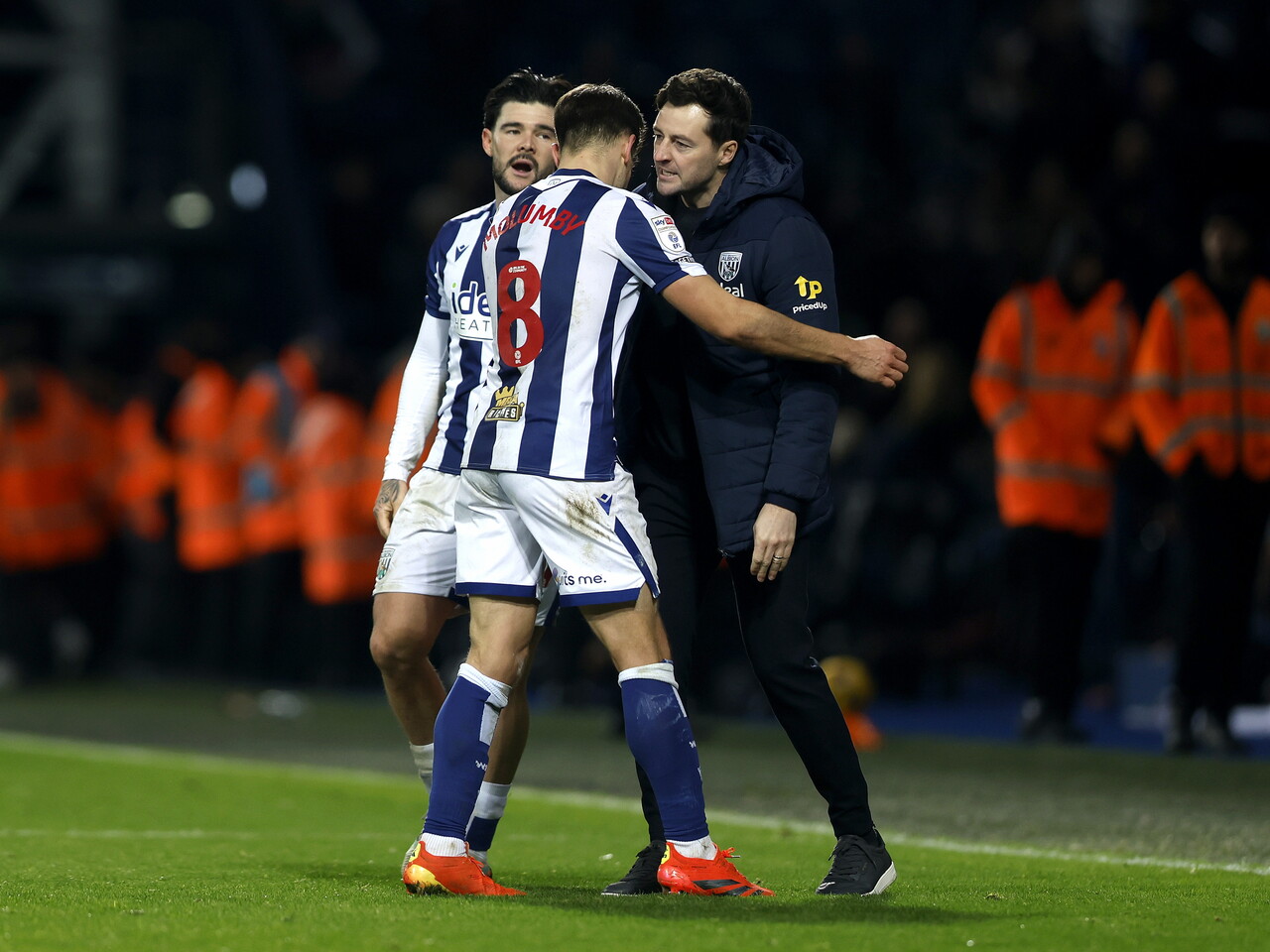 Jayson Molumby, Alex Mowatt and Ryan Mason celebrating Albion's win over Swansea