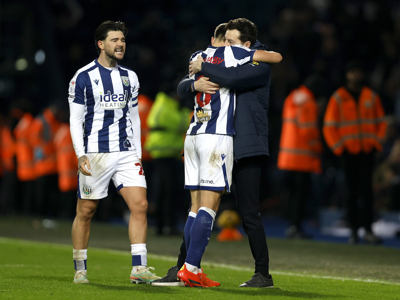 Jayson Molumby, Alex Mowatt and Ryan Mason celebrating Albion's win over Swansea