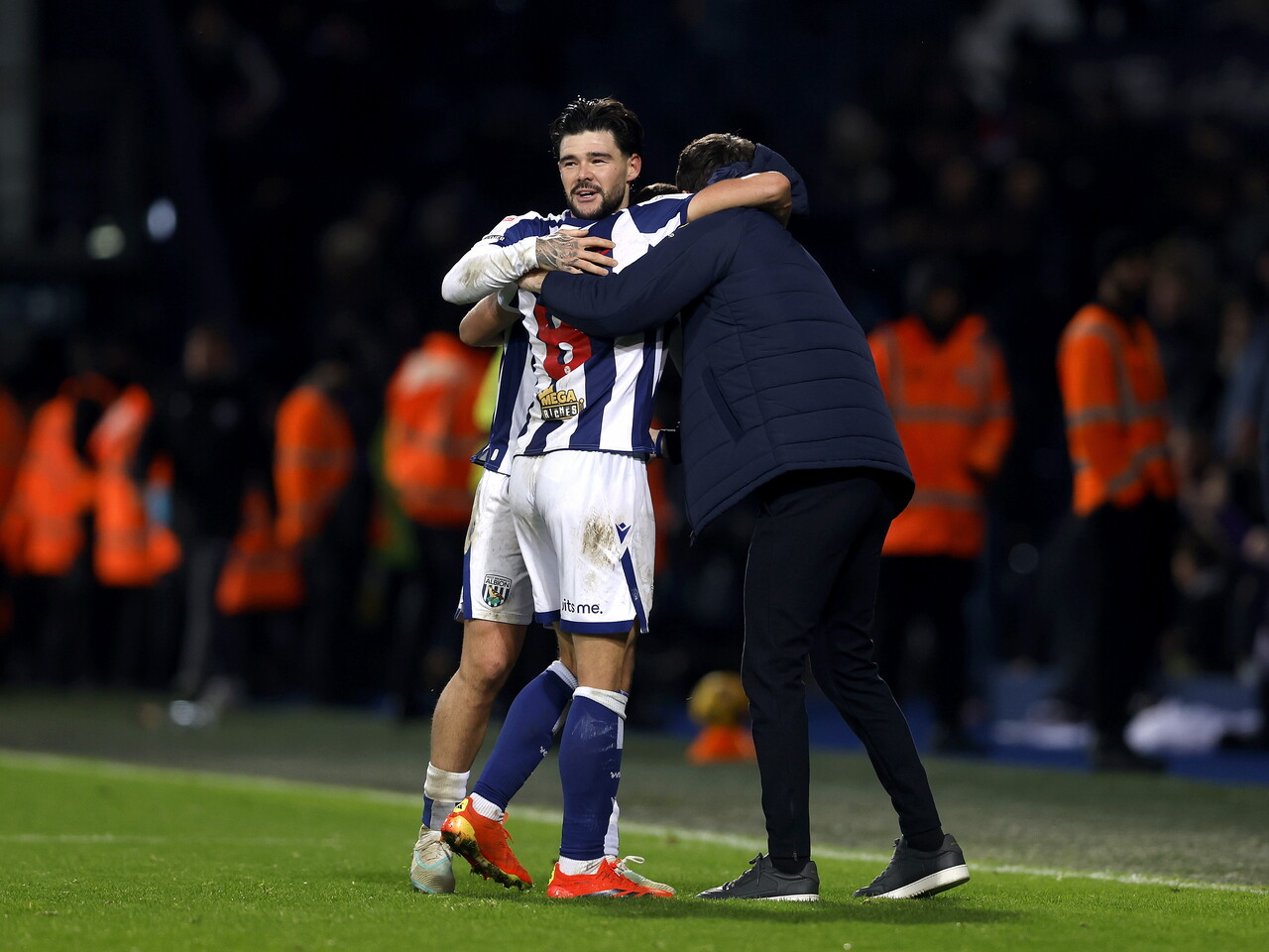 Jayson Molumby, Alex Mowatt and Ryan Mason celebrating Albion's win over Swansea
