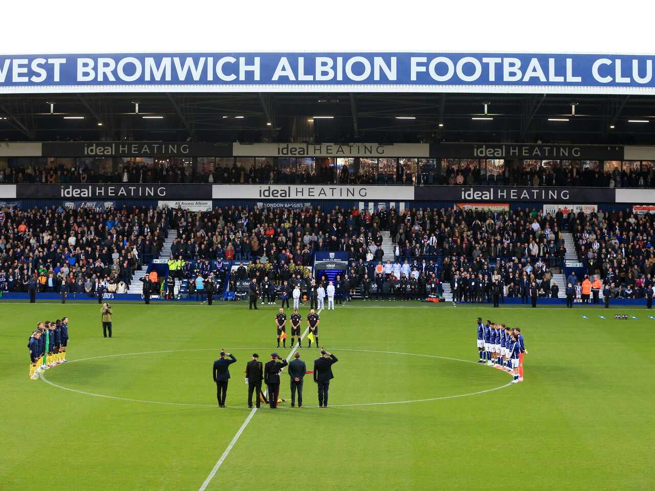A general view of the moment of silence at The Hawthorns with both teams on the centre circle 