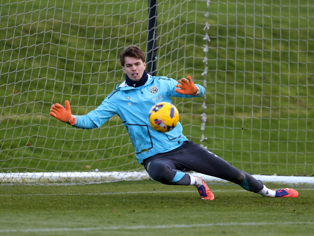 Josh Griffiths making a save in training 